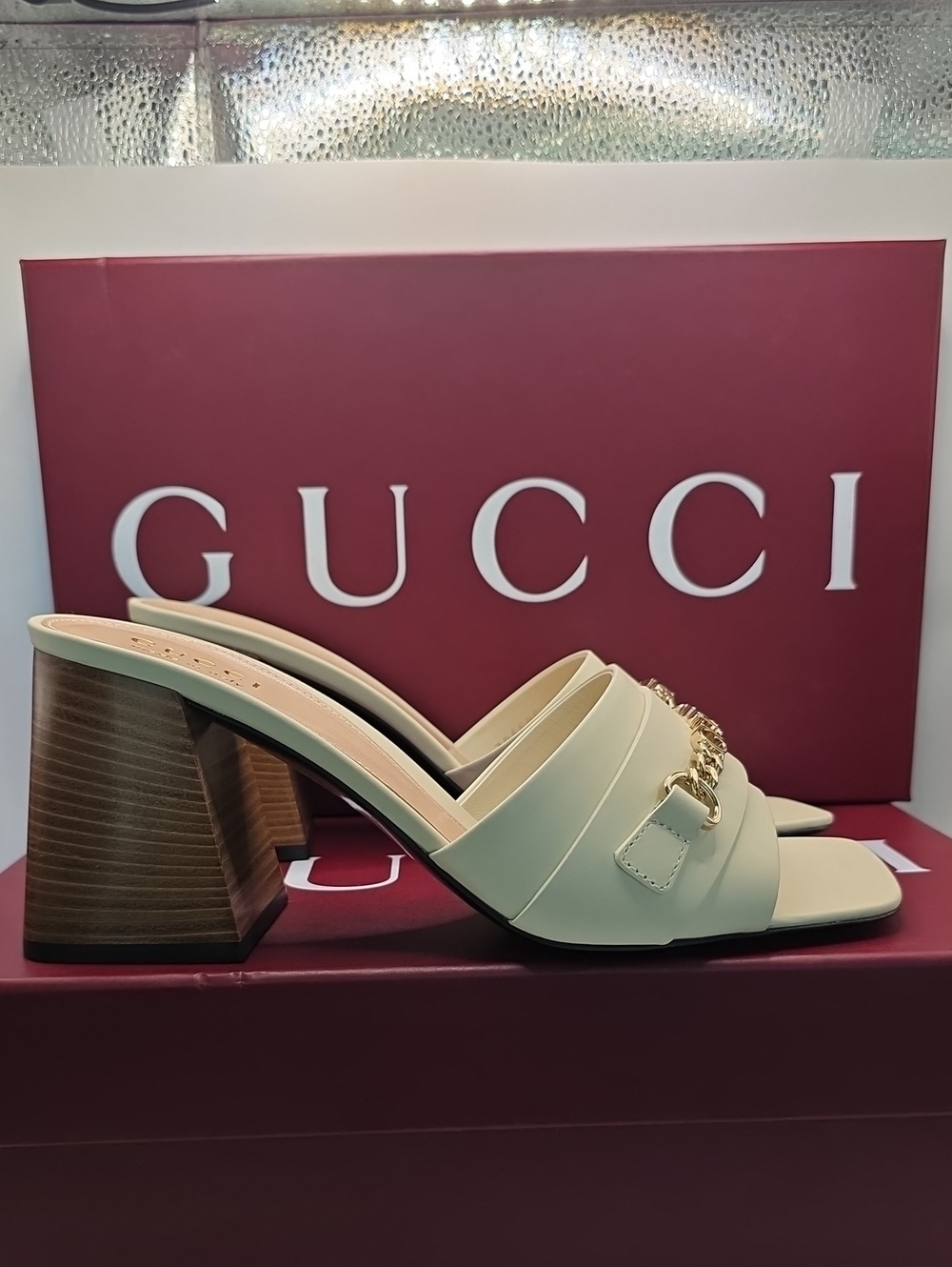 Gucci Cream Leather Chain-Trim Block Heel Mules